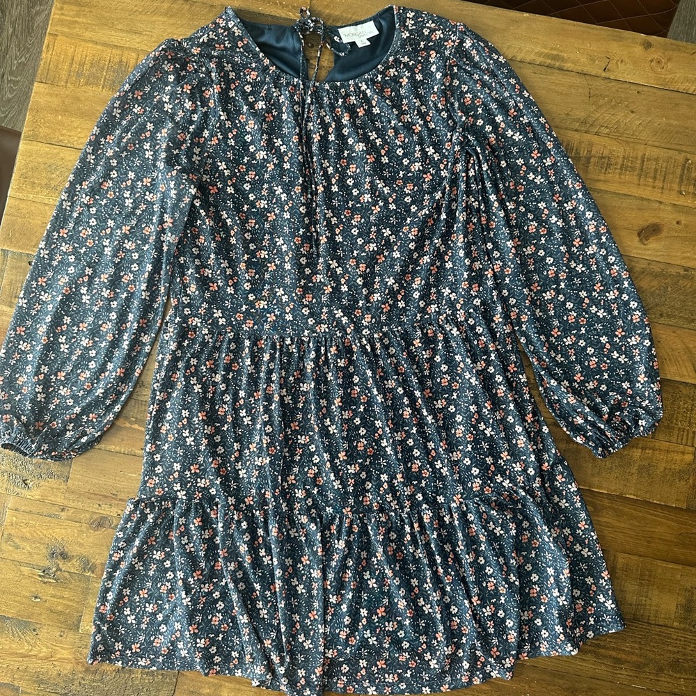 Morgan Taylor short blue floral dress, long sheer sleeves size S